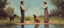 Old Oil Painting Representing Two People Playing With Dogs In Nature By The River On A Summer Day, The Man Is About To Throw A Stick For The Dogs To Bring It Back, A Good Walk On Sunday Afternoon