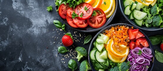 Sticker - Selective focus on homemade rainbow salads with vegetables, quinoa, Greek yogurt and fruit.