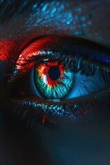 Wall Mural - A close up of a woman's eye with a glowing red eye. Generative AI.