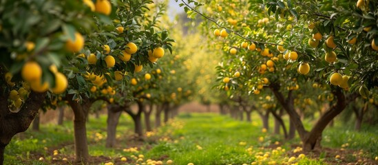 Poster - A natural landscape composed of lemon trees with luscious lemons in an orchard, surrounded by grass, trees, and flowering plants.