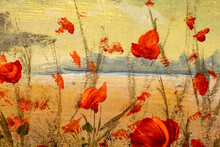 Acrylic Painting Close Up. Beautiful Red Poppies Flowers - Floral Background. Red Wildflowers On A Yellow Background.