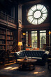 Photo realistic art deco private library with two floors and big circular window