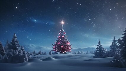 Wall Mural - Christmas Tree on Blurred Shiny Lights at snow top of blur mountain background. Christmas Eve concept.