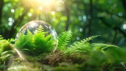 Wall Mural - Crystal earth on green grass forest with sunlight. Save the World, earth day, ecology concept.