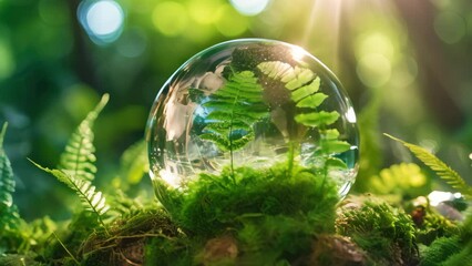 Wall Mural - Crystal earth on green grass forest with sunlight. Save the World, earth day, ecology concept.