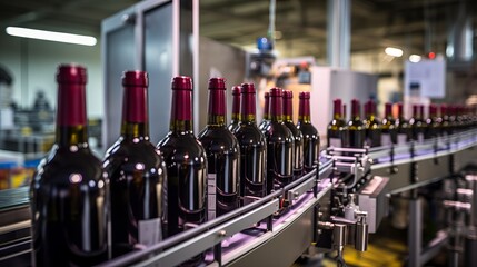 An image featuring a wine bottling line in action, with bottles moving along the conveyor belt and being filled with freshly crafted wine .