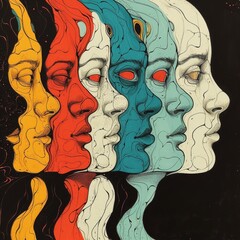 Poster - A painting of a woman's face with different colored faces, AI