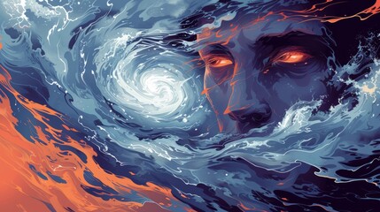 Poster - A painting of a man with glowing eyes in the middle of swirling water, AI