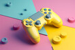 Colorful game controller, joystick, gamepad over 3d vibrant geometric shapes on background .Video games and fun. Illustration. Generative AI