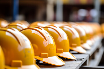 Many yellow hardhat helmet on row in construction site. Banner Construction hard hat safety helmet workers for engineering protection head standard. industry and construction concept