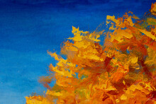 Autumn Textural Landscape Oil Painting - Autumn Trees, Autumn Park On A Blue Autumn Background