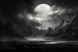 Luminous Monochrome big moon above the mountains. Night scenic landscape view of hills on dark sky. Generate ai