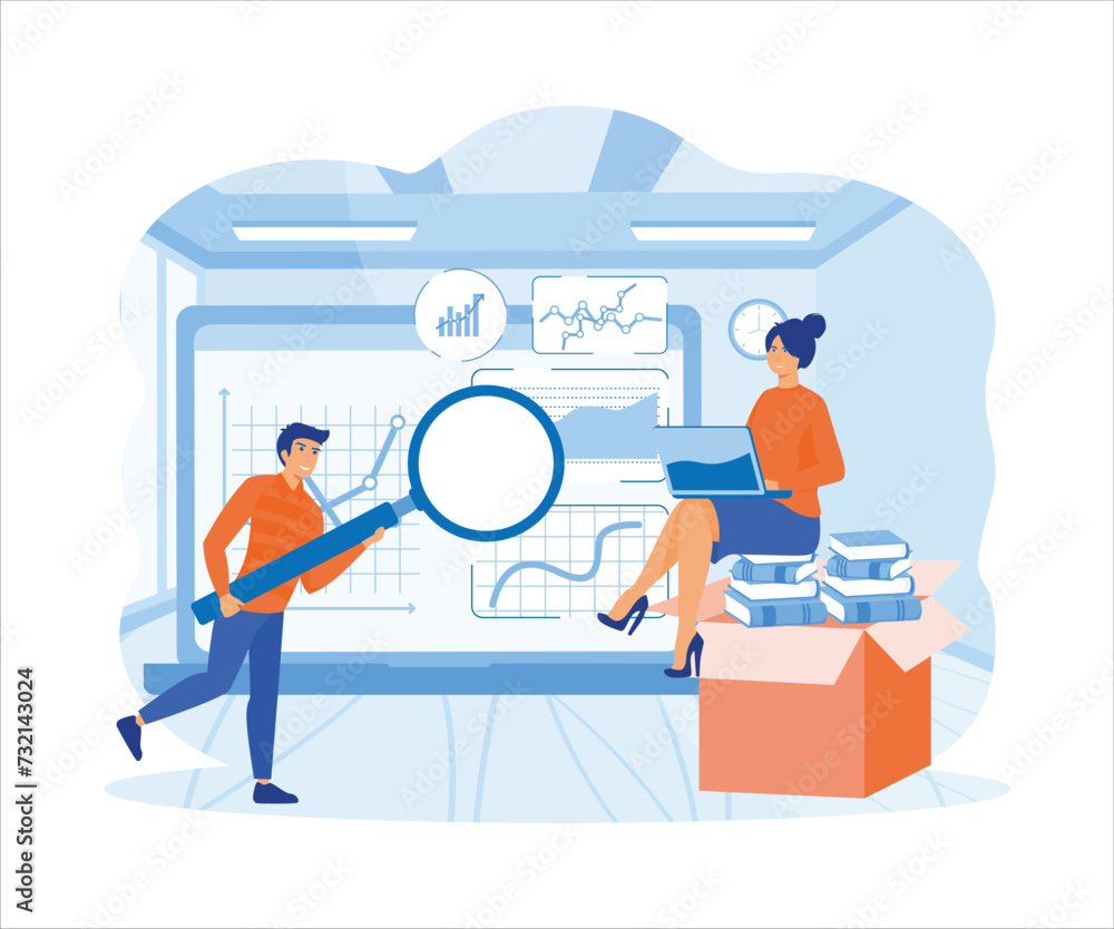 Data analysis concept. People characters working with data visualization, analyzing tables, charts and graphs at business dashboard. flat vector modern illustration