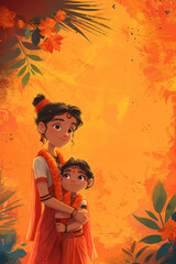Wall Mural - Loving Indian mother and son on orange background with flowers and leaves. Family in traditional clothing. Diwali festival. Ugadi or Gudi Padwa celebration. Religion and ethnic concept