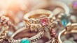 A close-up of vintage rings with colorful gemstones