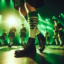 Irish Dancing Legs Close Up On Stage On Bright Green Lighting Stage Background With Copy Space, Concept Of St Patrick Celebration, Ethnic Dancing Event Created With Generative Ai