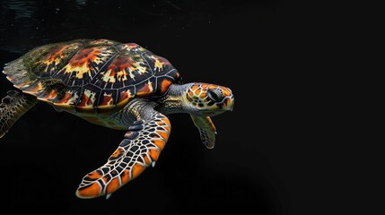 Wall Mural - Hawksbill Turtle in the solid black background