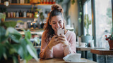Fototapeta  - Mulher feliz e rindo usando o celular em um café