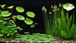 Lush aquatic plants including lily pads and tall grasses in a serene and dark freshwater aquarium setup