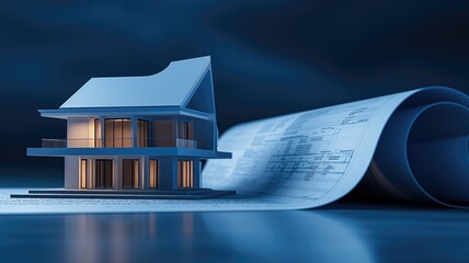 3D rendering of a modern house with architectural blueprint rolls