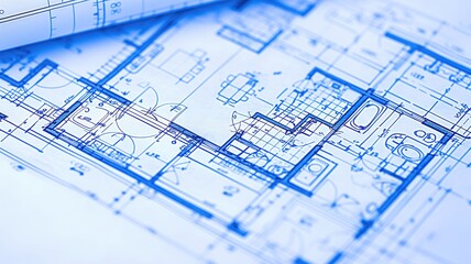 An architectural blueprint featuring detailed floor plans for a building, highlighted in blue with various room layouts and design elements visible