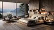 Modern bedroom with panoramic lake views including a low frame bed, fireplace and sitting area with armchairs.