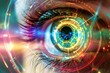 Human Cyborg AI Eye pseudomyopia. Eye ishihara color test optic nerve lens optic nerve regeneration color vision. Visionary iris blue sight tritan color confusion lines eyelashes