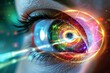 Human Cyborg AI Eye globe rupture repair. Eye hordeolum optic nerve lens inner retinal function color vision. Visionary iris visualize sight eyelid hygiene routine eyelashes