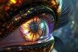 Human Cyborg AI Eye anisocoria. Eye vitreous humor optic nerve lens blue yellow color blindness color vision. Visionary iris diabetic retinopathy sight conjunctiva eyelashes