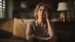 © mehaniq41 - Upset middle-aged woman sit on couch lost in thoughts feel lonely disappointed. Neural network AI generated art