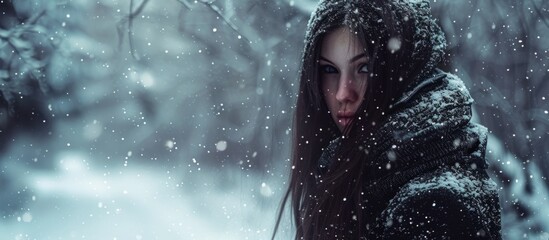 Sticker - A woman with freezing black hair enjoys a fun winter event in the snowy forest, illuminated by electric blue flash photography.