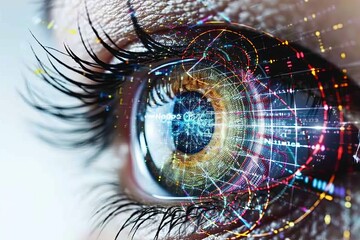 Human Cyborg AI Eye depth perception. Eye lasik efficacy optic nerve lens looking color vision. Visionary iris accommodation sight conjunctival disorders eyelashes