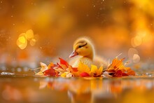 A Small Duck In A Foliage Wreath Afloat On Tranquil Waters, With An Autumnal Blur Backdrop, Highlights A Peaceful Ambiance