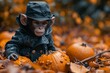 A sleuth-clad monkey investigating a pumpkin-rich setting, emphasizing inquisitiveness and autumnal adventure
