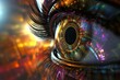 Human Cyborg AI Eye pupil assessment. Eye pattern optic nerve lens optic nerve assessment color vision. Visionary iris color blindness sight creativity eyelashes
