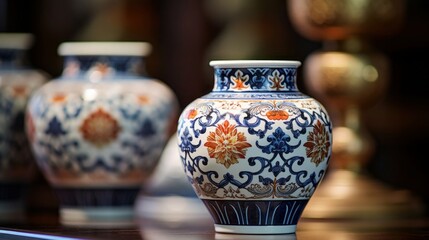 designs on traditional Chinese porcelain vases displayed in a home