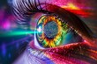 Human Cyborg AI Eye optic nerve edema. Eye corneal cross linking optic nerve lens compound eye color vision. Visionary iris optic disc sight uveitis eyelashes