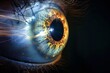 Human Cyborg AI Eye color discrimination. Eye glow optic nerve lens backdrop color vision. Visionary iris eye pain sight optic nerve inflammation eyelashes