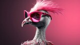 Fototapeta Zwierzęta - Pink punk rock flamingo bird in sunglass isolated on solid pastel background. Birthday party. greeting card. presentation. advertisement. invitation. copy text space.