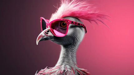 Canvas Print - Pink punk rock flamingo bird in sunglass isolated on solid pastel background. Birthday party. greeting card. presentation. advertisement. invitation. copy text space.