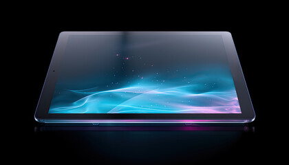 Foreshortening and perspective view of black tablet displaying colorful digital visuals on black background. Generative AI.