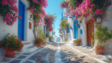 Colorful Greek Village With Flowers In Summer In Greece, Houses In Island City