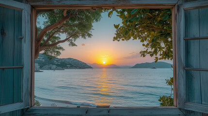 Wall Mural - Sunset wooden window ocean beach view of Fethiye Turkey, view from a window at the ocean at sunset