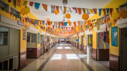 school corridor adorned with banners and posters