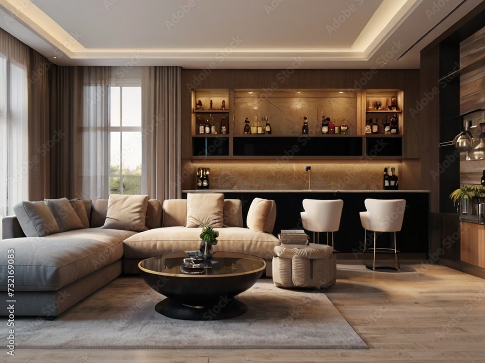 Modern living room interior design with bar counter and large corner ...