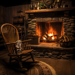 Sticker - A cozy fireplace in a cabin with a rocking chair.