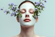 Skincare Model skin diagnosis. Well groomed woman uses face cream, hydrafacial, chlorophyll extraction lip balm, lotion & eye patch. Skin care hair makeover jar beauty transformation pot