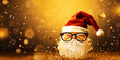 Cheerful cartoon Santa Claus with golden jingle A Christmassy scene holidays and people concept close up of  in glasses winking over red hat  yellow light background.