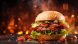Closeup Of A Classic American Fast Food Burger. Single Quarter Pounder Burger With Bacon, Lettuce, Tomatoes And Cheese