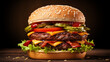 Closeup Of A Classic American Fast Food Burger. Double Quarter Pounder Burger With Bacon, Lettuce, Tomatoes And Cheese